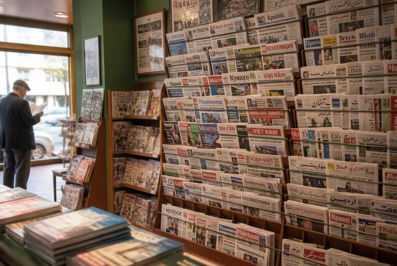 A newsagency counter stacked with international newspapers in many scripts